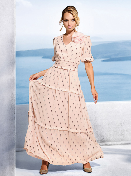 Robe de cocktail longue rose fantaisie